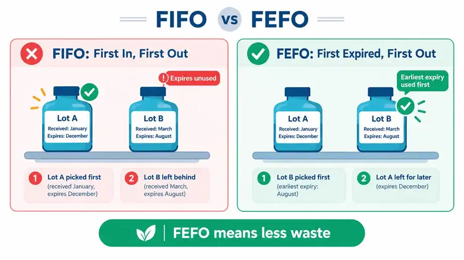 Comparison of FIFO and FEFO methods showing why the earliest-expiring reagent lot should be used first